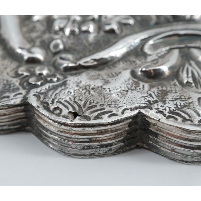 Metal Vintage 900 Silver Floral Repoussé Hanging Mirror, 1940s For Sale - Image 7 of 8