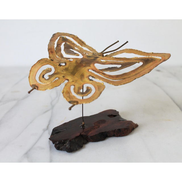 Mid 20th Century MId-Century Brutalist Brass Butterfly on Wood Stand For Sale - Image 5 of 9