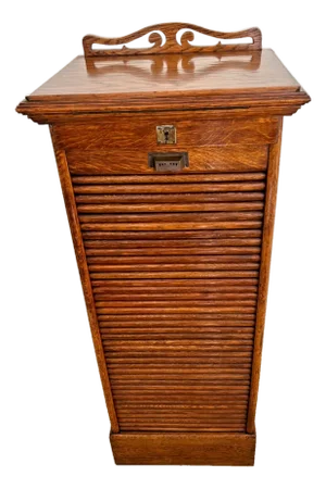 Antique Music Cabinet Locking Rolltop Door, Pull Out Shelves, Podium Top