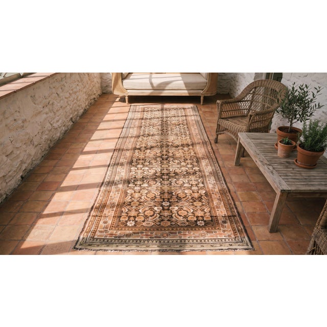 Textile 1930s Brown Tribal Geometric Antique Malayer Persian Rug Hand Knotted 4'3" X 16'0" Wool Carpet For Sale - Image 7 of 8