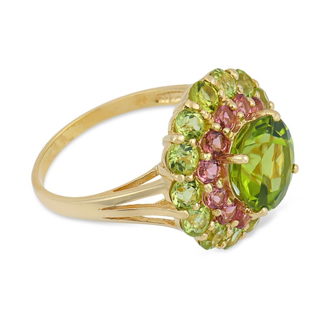 Vintage Peridot Tourmaline 14k Yellow Gold Double Halo Ring, Size 7 For Sale - Image 4 of 6