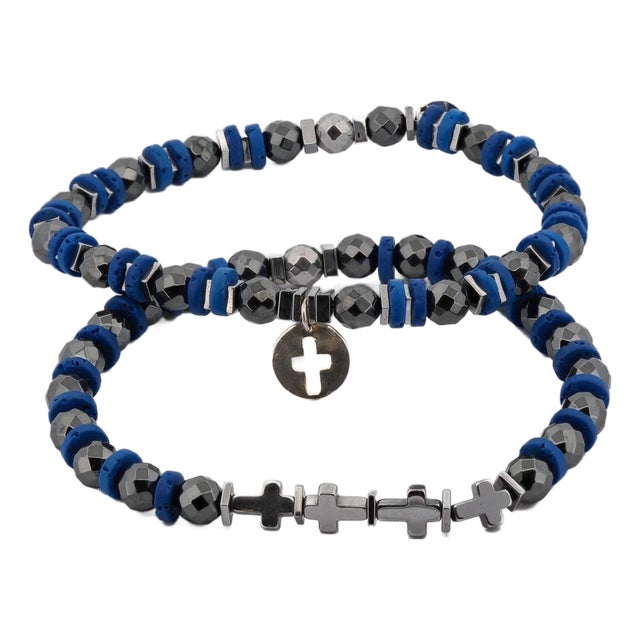 Good Vibes Spiritual Beaded Sterling Silver Cross Bracelet Set For Sale