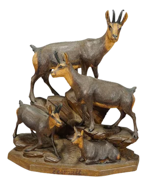 1900s Carved Wood Chamois Family by Ernst Heissl