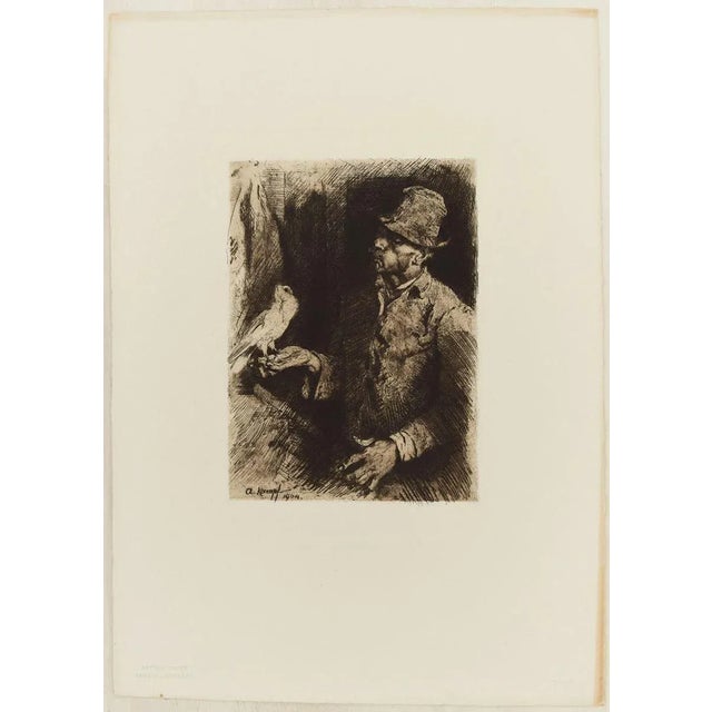 Taubenliebhaber is a black and white etching on ivory-colored paper, realized by the German artist, Arthur Kampf. Signed...