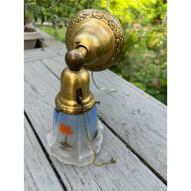 Lights Vintage Brass Wall Sconce With Vintage Painted Shade For Sale - Image 7 of 8