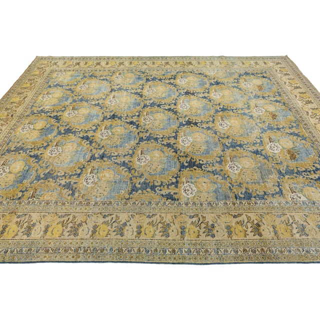 Textile Antique Mahal Rug With Muted Ochre and Indigo Blue Floral Medallions For Sale - Image 7 of 12