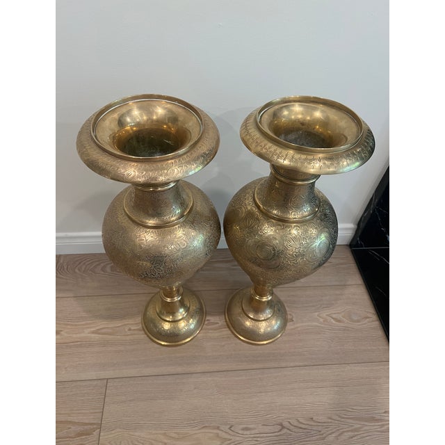 This beautiful set of 1940s Indian brass vases features intricate hand-etched detailing that reflects the timeless...