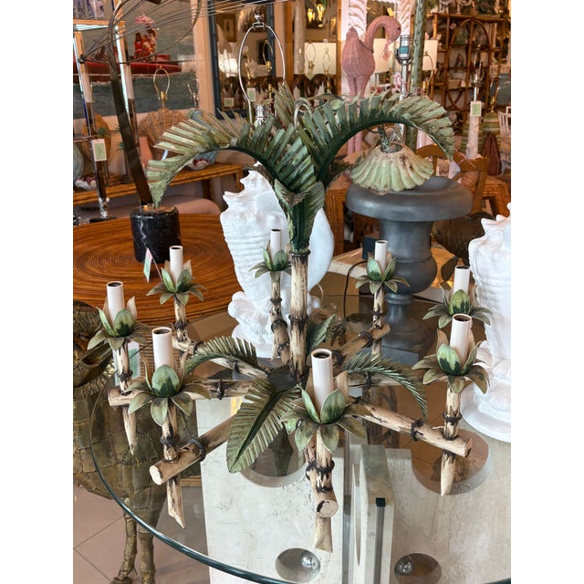 Vintage Tole Metal Palm Beach Tree Leaf Leaves 8 Light Chandelier For Sale - Image 11 of 17