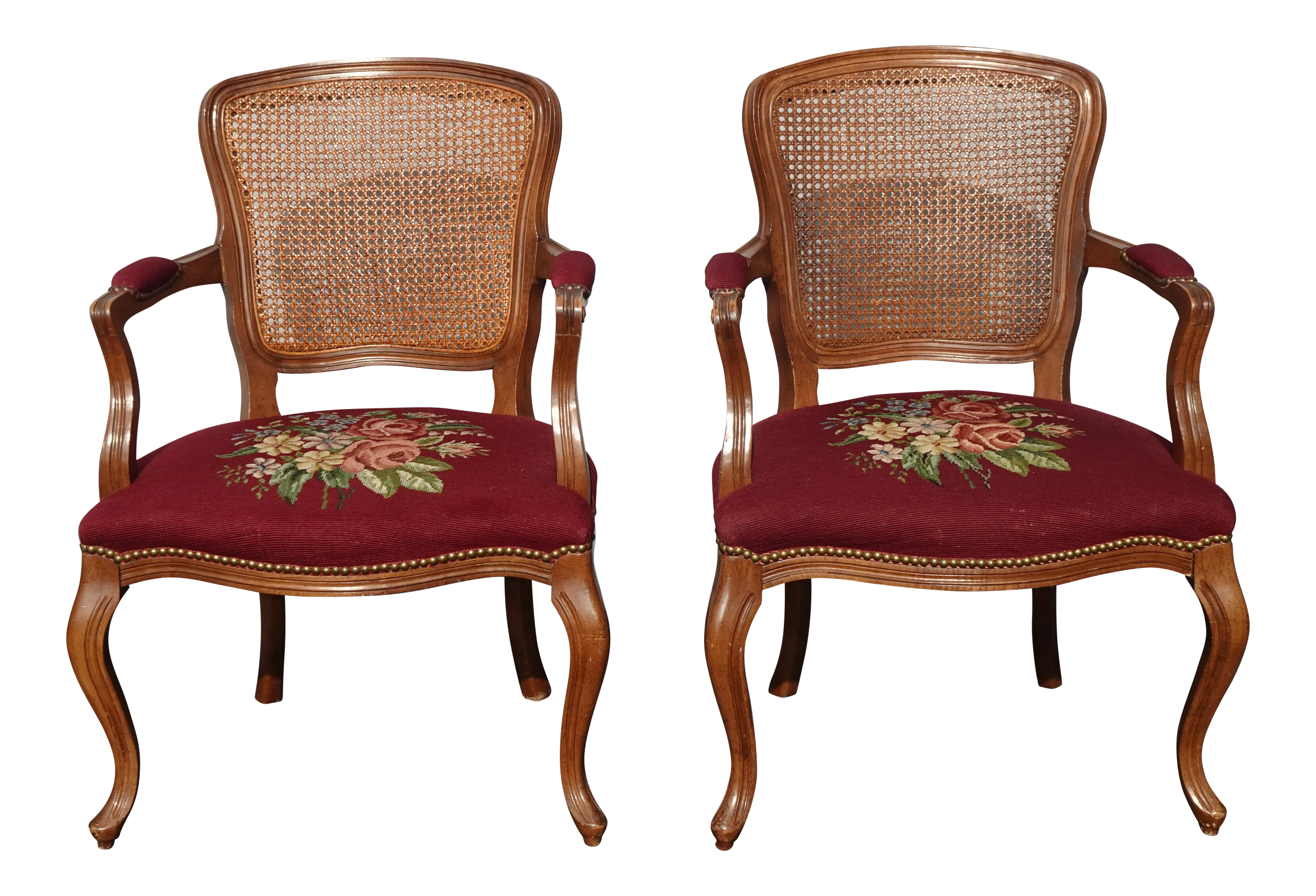 Vintage French Country Burgundy Needlepoint Tapestry Cane Chairs - a Pair - image 0