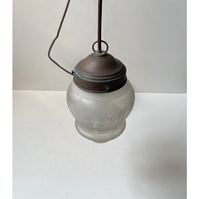 Antique Edwardian Style Etched Glass and Copper Pendant Lights, 1910s, Set of 2 For Sale - Image 4 of 9