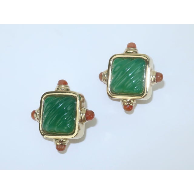 Francesca Romana Gold Plated Clip-on Earrings With Emerald Green Glass For Sale In Atlanta - Image 6 of 11