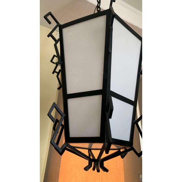 Large Iron and Opaline Glass Lanterns, 1930s, Set of 2 For Sale - Image 4 of 6