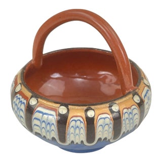 Vintage Vintage Bulgarian Troyan Pottery Hand-Painted Ceramic Basket With Handle & Traditional Patterns For Sale