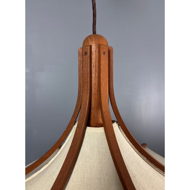 Teak and Linen Umbrella Pendant Lamp attributed to Domus, 1970s For Sale - Image 14 of 15