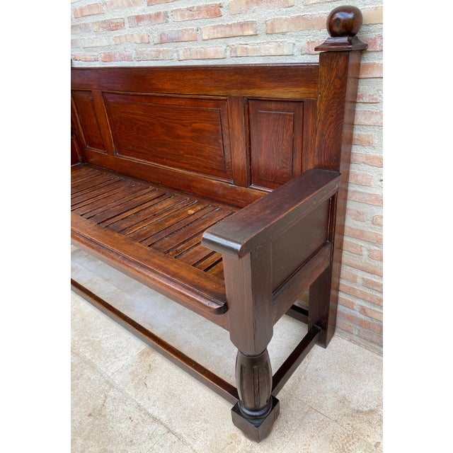 1930s Antique Spanish Oak Bench With Paneled Back and Turned Legs For Sale - Image 5 of 14