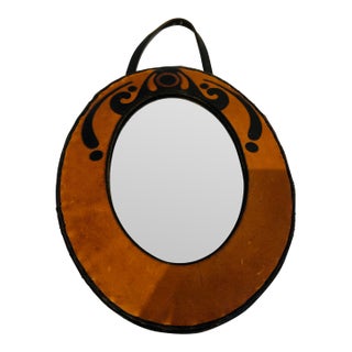 1970s Handmade Leather Petite Oval Mirror Boho Fab! For Sale