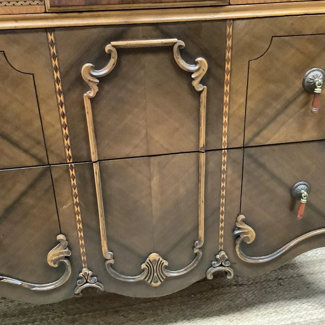 Antique Burled Wood Dresser Bakelite Handles 10 Drawer Tiered Inlaid Trim Solid Wood Depression Era For Sale In Philadelphia - Image 6 of 12