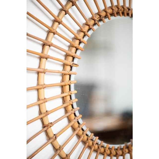 French Mid-Century Sunburst or Starburst Mirror of Bamboo & Rattan (Dia 27 3/8) For Sale - Image 10 of 11