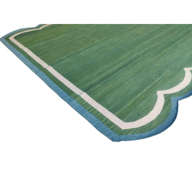 Mid-Century Modern Handmade Cotton Scalloped Rug, Forest Green with Cream and Blue Border - 6'x9' For Sale - Image 3 of 8
