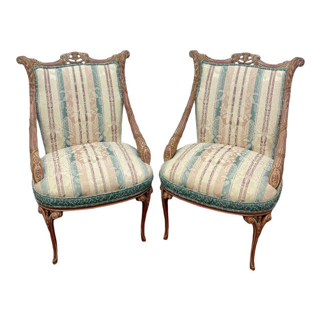 Vintage Regency Style Pickled Whitewash Upholstered Accent Chairs - Pair For Sale
