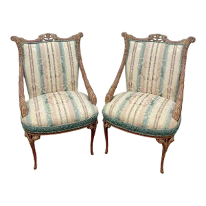 Vintage Regency Style Pickled Whitewash Upholstered Accent Chairs - Pair