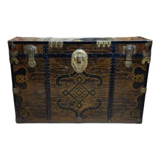 Napoleon III Faux Wood Metal Travel Trunk For Sale