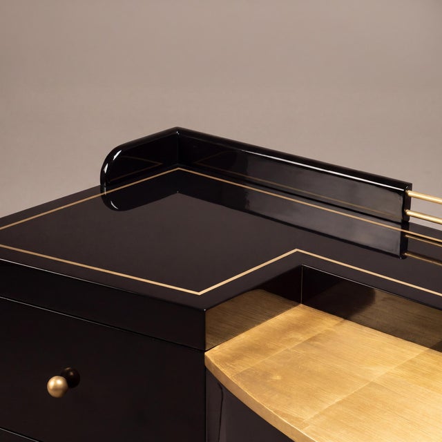 Art-Deco Bar Cabinet in High-Gloss Piano Black With Brass Hardware & Gold Leaf For Sale In New York - Image 6 of 9