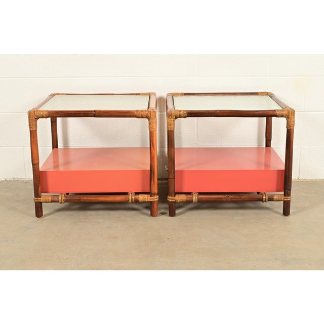 John Wisner for Ficks Reed Mid-Century Hollywood Regency Bamboo Rattan Glass Top Side Tables, Pair For Sale - Image 9 of 11