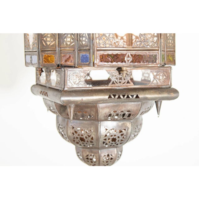 Vintage Moroccan Hanging Lantern Clear and Multicolor Glass Made in Marrakech For Sale - Image 9 of 12