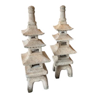 Vintage Matched Pair of Stone/Concrete Pagoda Garden Ornaments For Sale