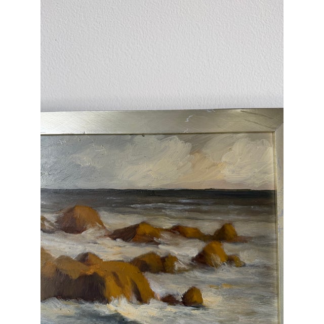 Brown Modern Coastal Ocean Landscape Oil on Board Painting, Silver Wood Frame For Sale - Image 8 of 12
