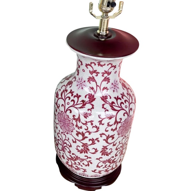 Vintage Chinoiserie Chinese Ginger Jar Table Lamp Rose Floral Scroll Wood Base. 22”H NO shade