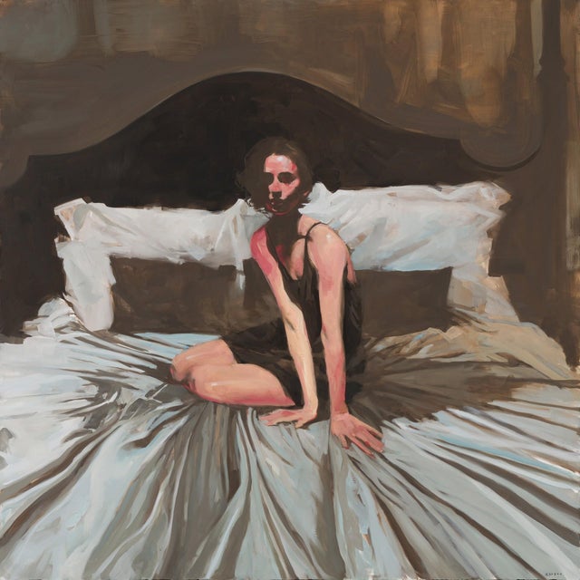 All Roads Lead Home by Michael Carson | Oil on Panel Woman sitting on a bed with soft bedding. For Sale