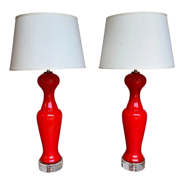 Pair of Tangerine Color Glass Murano Table Lamps, 19 For Sale