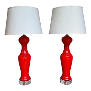 Pair of Tangerine Color Glass Murano Table Lamps, 19