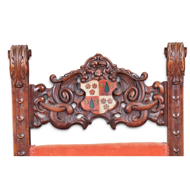 Wood Late 19th Century Carved Walnut Baroque High-Back Chairs With Painted Heraldic Crests — A Pair For Sale - Image 7 of 7