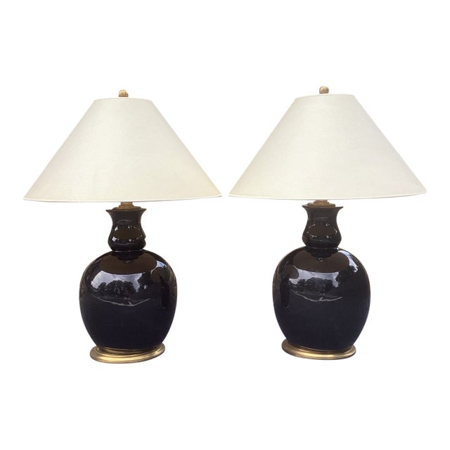 Pair of Ralph Lauren Gloss Black "Malin Ming" Lamps With Cream Coolie Shades and Brass Bases For Sale