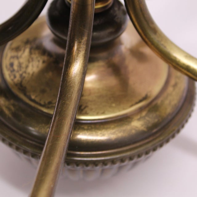 Metal Antique Chandelier With Turned Brass & Opalescent Amber Glass Shades For Sale - Image 7 of 7