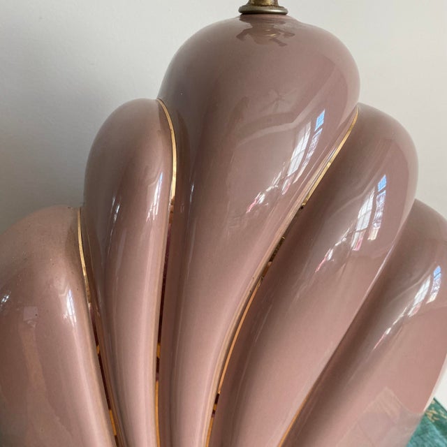 1970s A Pair of 1970s Postmodern Large Scale Ceramic Lamps With Brass Accents Scalloped Outline For Sale - Image 5 of 9