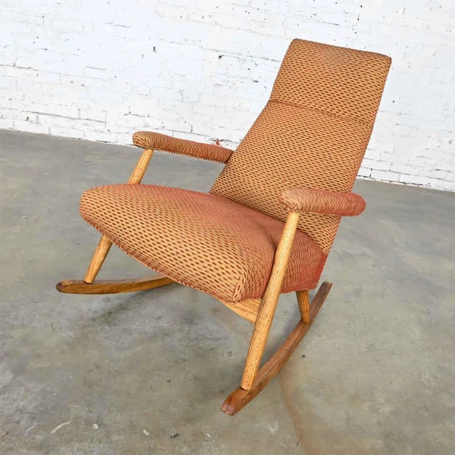 Vintage Mid-Century Modern Rocker Rocking Chair Oak With High Back Original Upholstery For Sale - Image 4 of 13