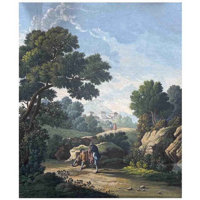 Paper Italian Artist, Bucolic Landscapes, 1800s, Watercolor on Cardboard, Set of 2 For Sale - Image 7 of 14