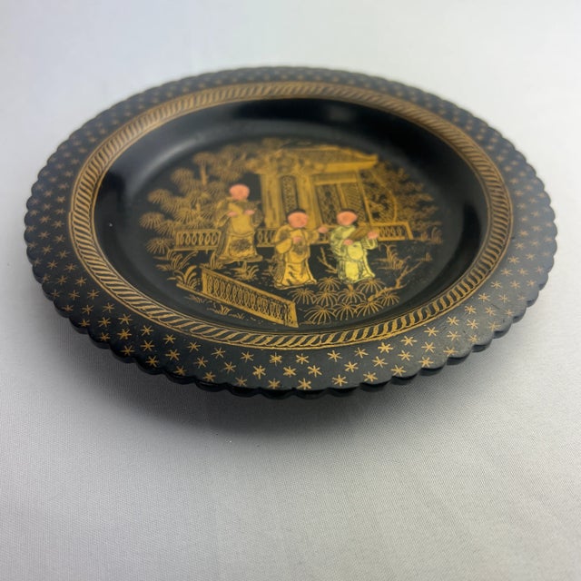 Lovely little papier-mâché lacquered and hand painted plate. Sweet little garden, scene with pagoda and people. The...