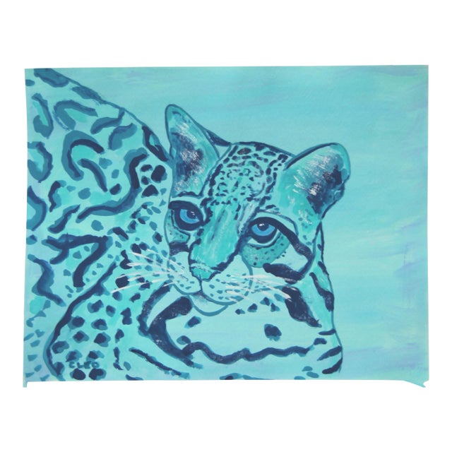 Leopard Ocelot Turquoise Navy Expressionist Painting by Cleo Plowden For Sale