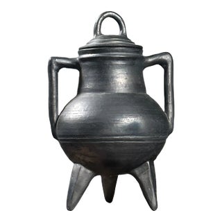 Vintage Oaxacan Folk Art Burnished Wood Fired Three-Legged Black Ceramic Lidded Vessel For Sale