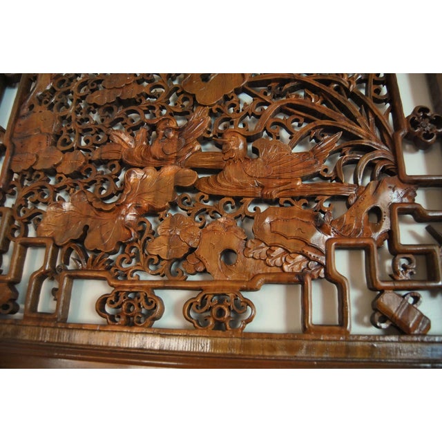 Antique Camphor Wood Screen Chinese Jumu Panel Lotus and Birds Openwork For Sale - Image 4 of 10