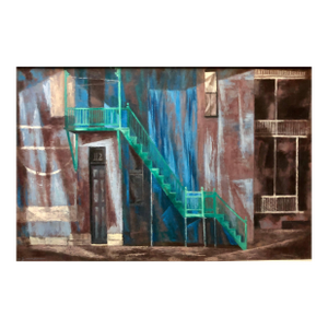 Paul ZimmermanSocial Realist GREEN STAIRS Architectural Street Scene Landscape Oil Painting, 1951