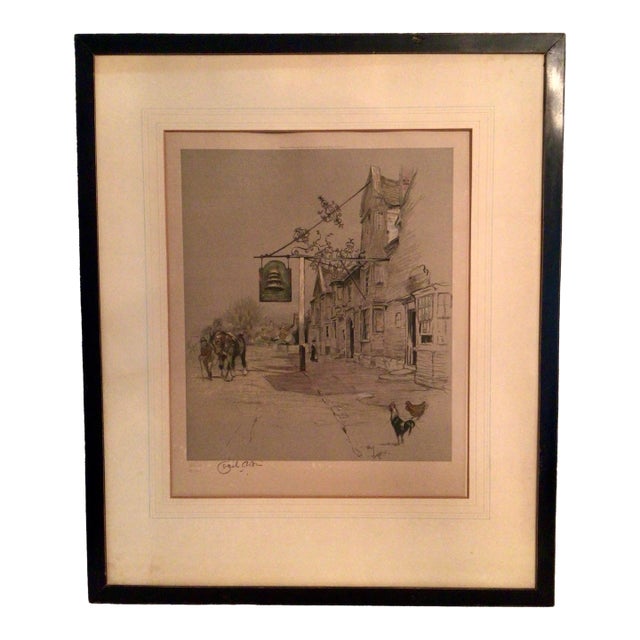 Signed Framed Color Lithograph Print Titled "The Bell Inn at Stilton" by British Artist Cecil Aldin For Sale