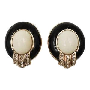 Vintage 1980s Ciner Cabochon White Rhinestone & Black Enamel Clip Earrings - 2 Pieces
