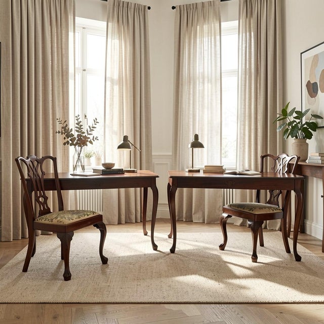 Late 20th Century The Georgian Symphony: Symmetrical Queen Anne Desks & Chippendale Ribbon-Back Chairs For Sale - Image 11 of 12