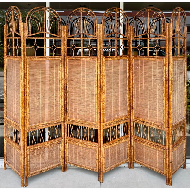 English British Colonial Style Burnt Bamboo 6 Panels Room Divider For Sale - Image 3 of 11